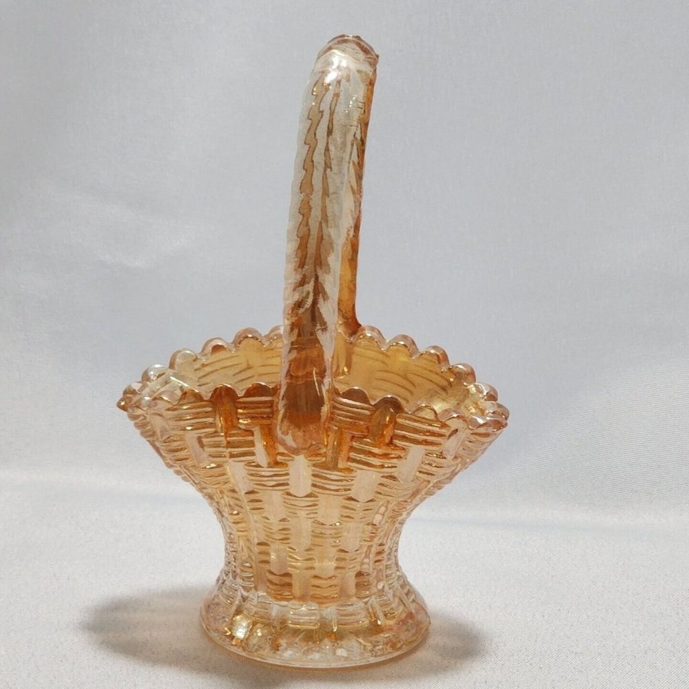 Small Vintage Dugan Marigold Carnival Glass Basket 6" Big Basketweave